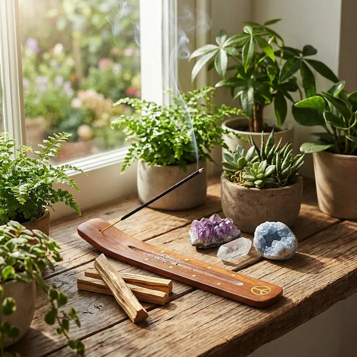 Satya Palo Santo incense stick burning on wooden holder with crystals and plants by a window - Aroma Paradise