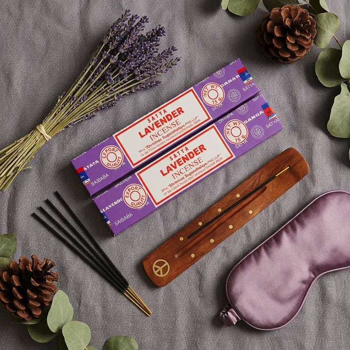 Satya Lavender incense boxes with wooden holder, sticks, sleep mask and dried lavender flat lay - Aroma Paradise