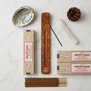 Satya White Sage incense boxes with wooden holder, sticks, abalone shell and selenite on marble - Aroma Paradise
