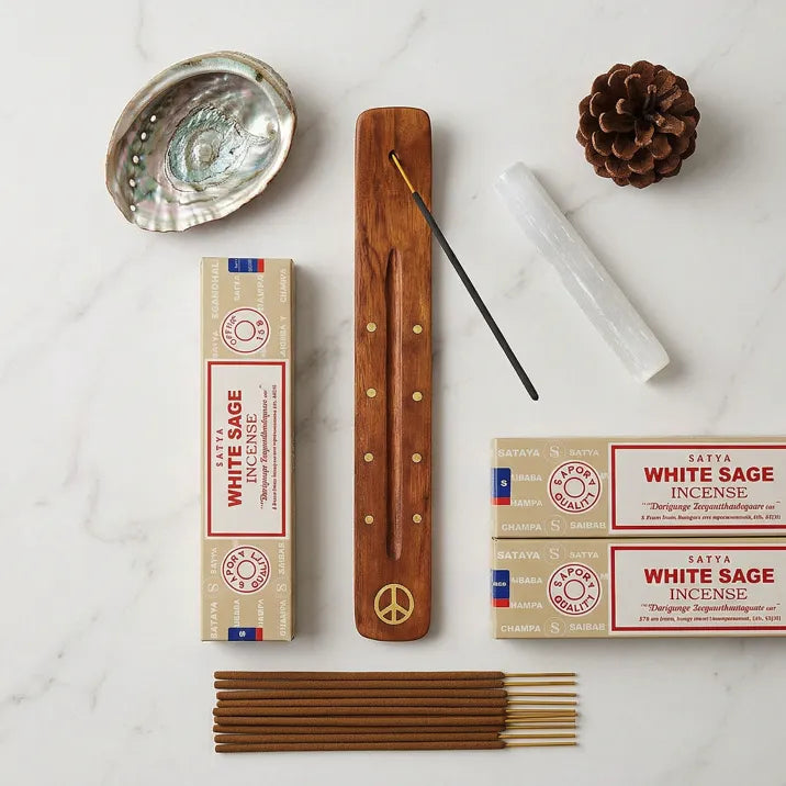 Satya White Sage incense boxes with wooden holder, sticks, abalone shell and selenite on marble - Aroma Paradise