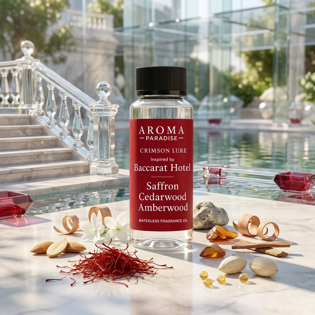 Aroma Paradise Crimson Lure waterless fragrance oil in a Baccarat Hotel inspired destination setting