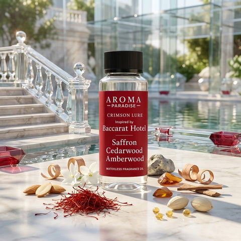 Aroma Paradise Crimson Lure waterless fragrance oil in a Baccarat Hotel inspired destination setting