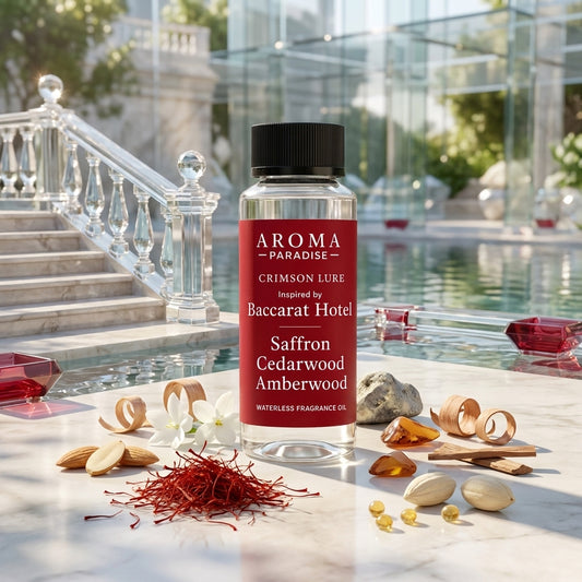 Aroma Paradise Crimson Lure waterless fragrance oil in a Baccarat Hotel inspired destination setting