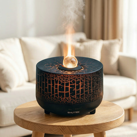 Black crystal ball diffuser with crackle-textured body and warm flame mist effect - Aroma Paradise