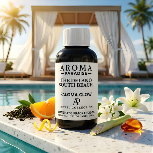 Delano South Beach Paloma Glow fragrance oil bottle poolside with orange, lily and lemongrass - Aroma Paradise