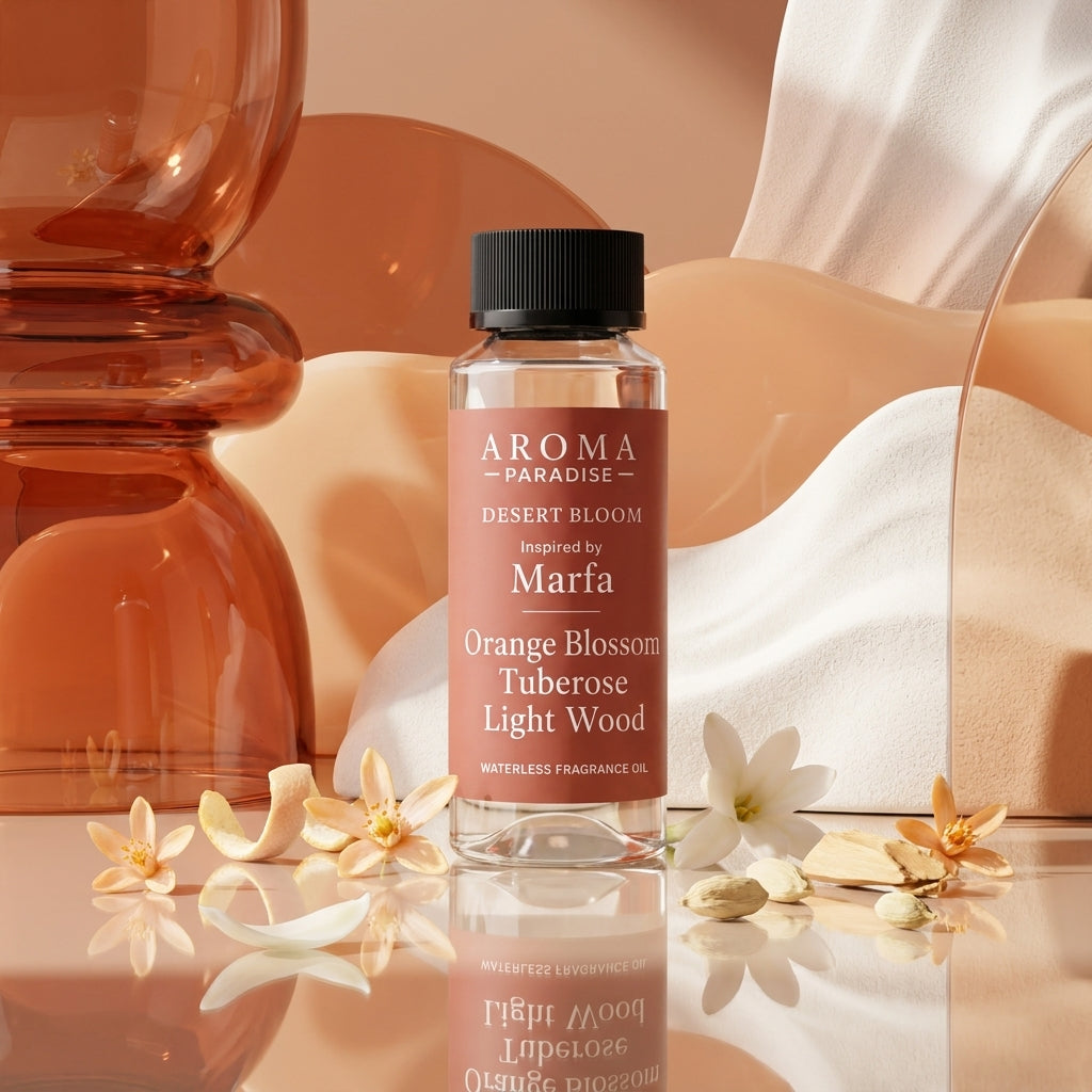 Aroma Paradise Desert Bloom perfume-inspired waterless fragrance oil in a luxury perfume editorial set