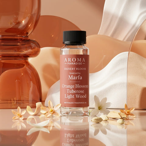 Aroma Paradise Desert Bloom perfume-inspired waterless fragrance oil in a luxury perfume editorial set