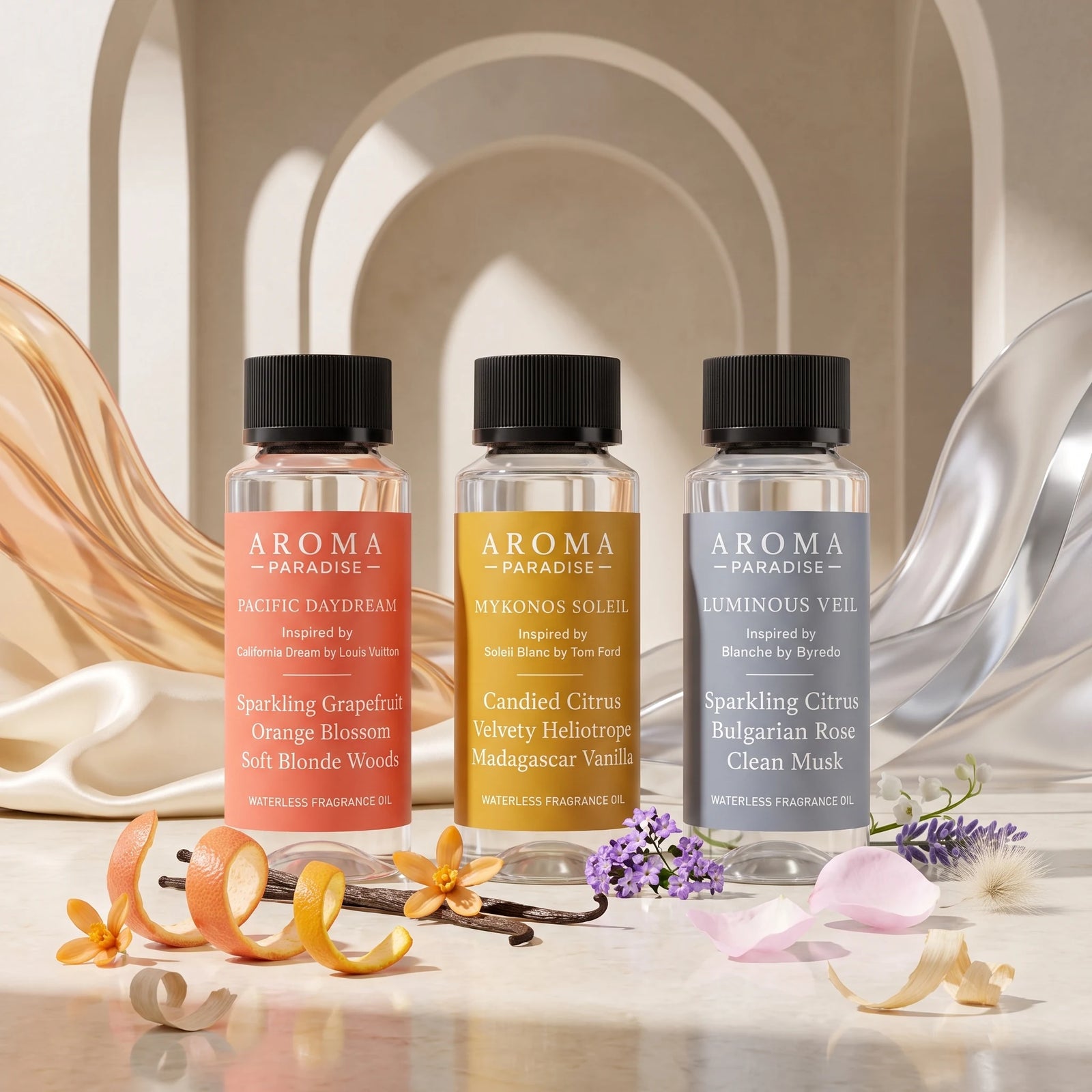 Designer Perfume Scents with Pacific Daydream, Mykonos Soleil and Luminous Veil waterless fragrance oil bottles