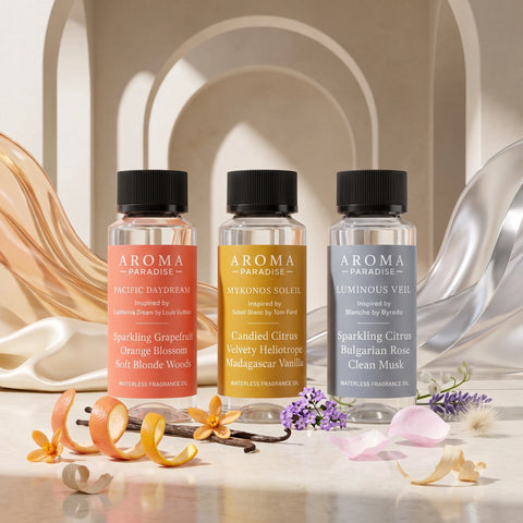 Designer Perfume Scents with Pacific Daydream, Mykonos Soleil and Luminous Veil waterless fragrance oil bottles