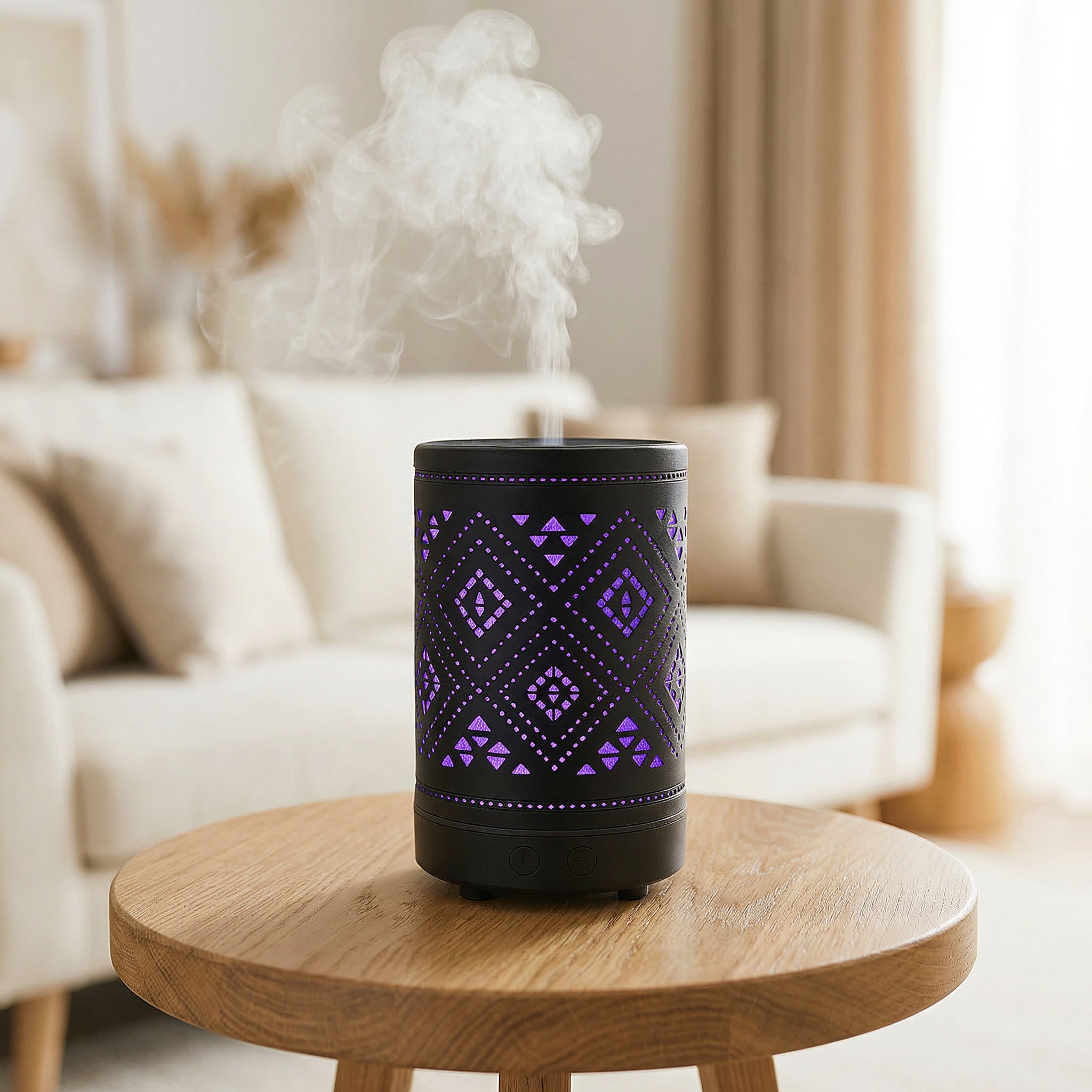 Diamond Metal Diffuser with purple LED geometric diamond cutout pattern on black body misting - Aroma Paradise