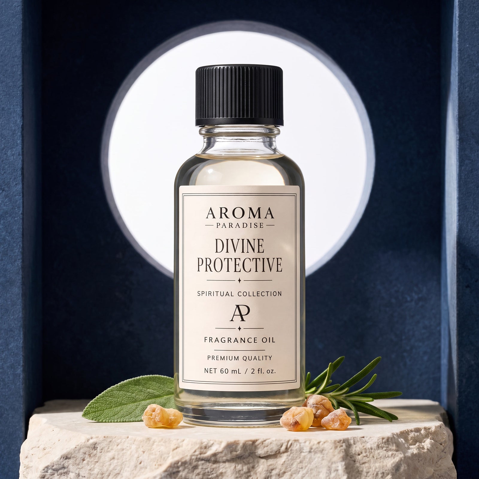 Divine Protective spiritual fragrance oil in an editorial scent setting - Aroma Paradise