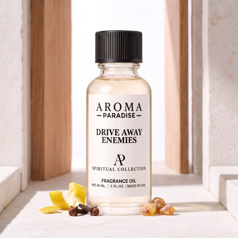Drive Away Enemies spiritual fragrance oil in an editorial scent setting - Aroma Paradise