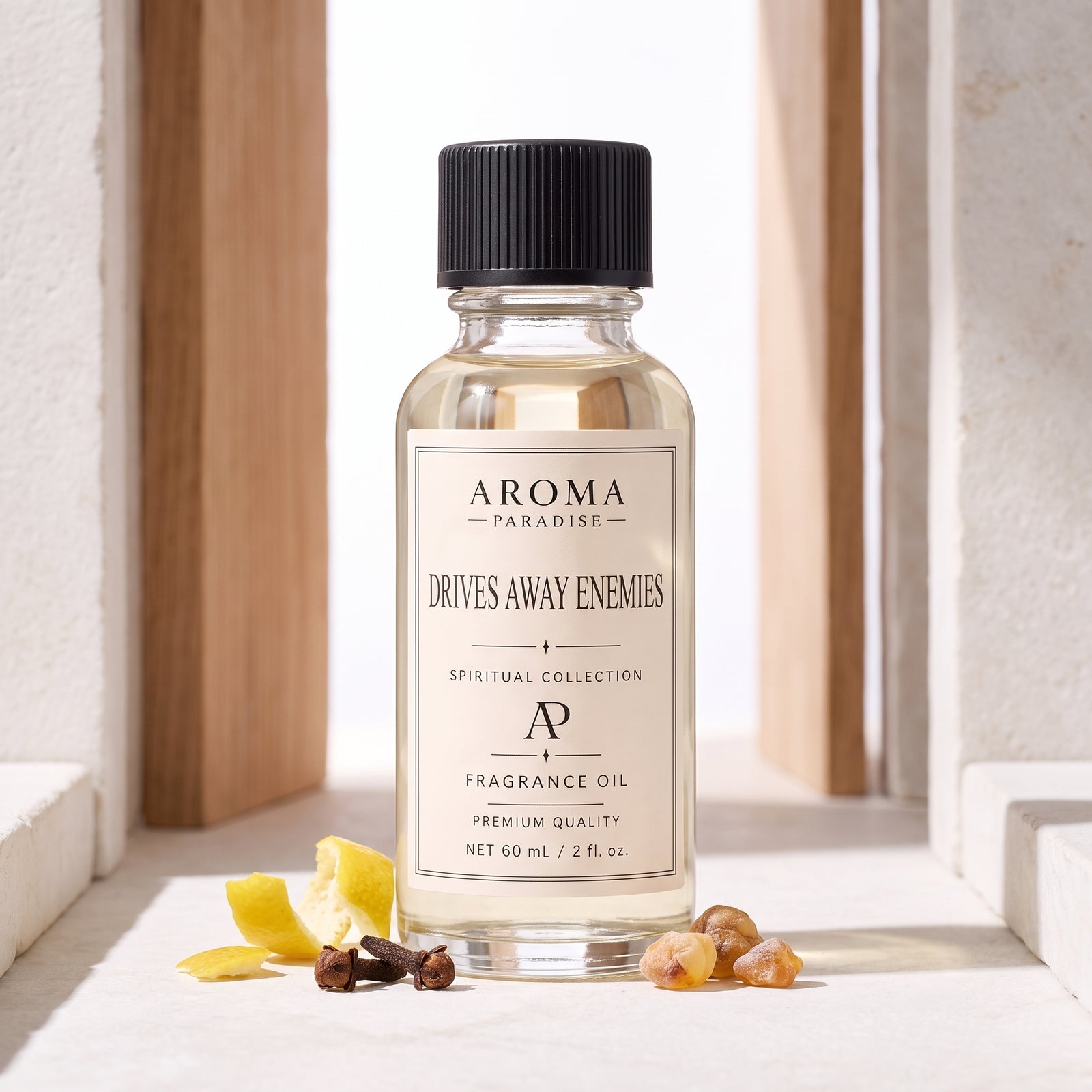 Drives Away Enemies spiritual fragrance oil in an editorial scent setting - Aroma Paradise