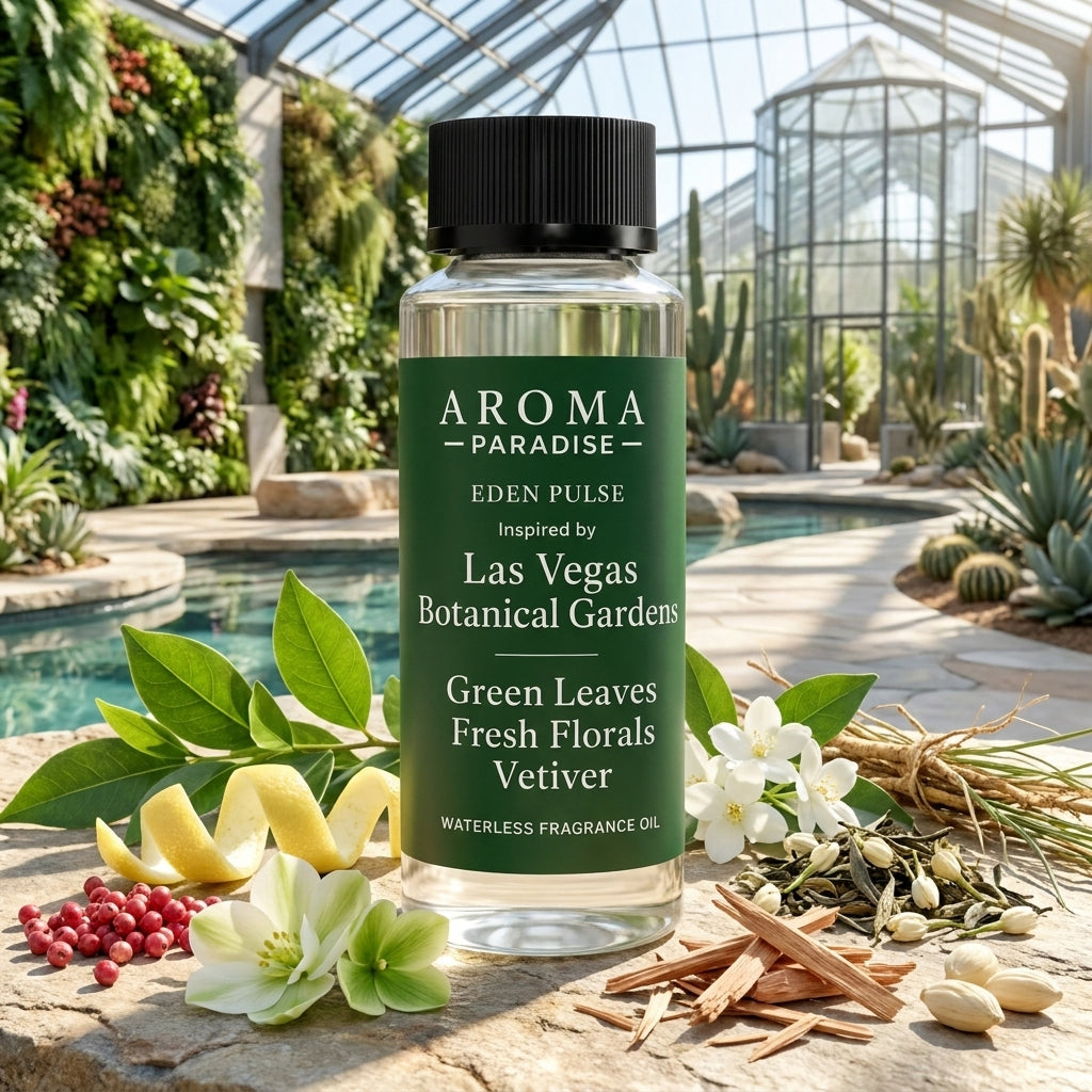 Aroma Paradise Eden Pulse waterless fragrance oil in an immersive Las Vegas Botanical Gardens inspired destination setting