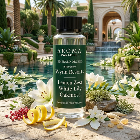 Aroma Paradise Emerald Orchid waterless fragrance oil in an immersive Wynn Resorts inspired destination setting