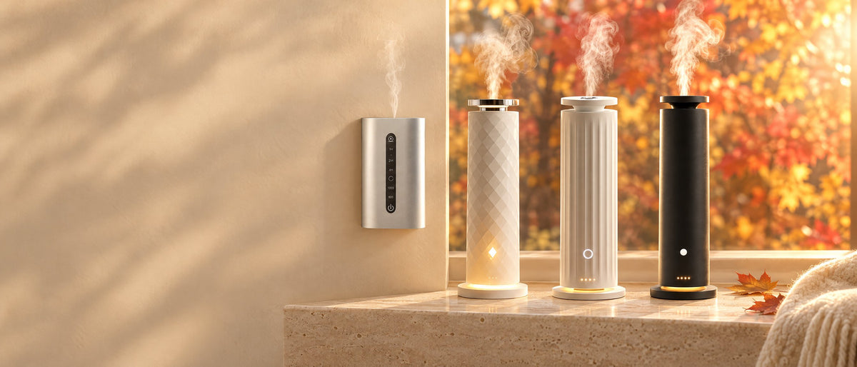 Aluminum Plug-In, Soft Illumination Tower, Tower Pro and Tower Ultra waterless diffusers misting on an oak console in a sunlit fall living room
