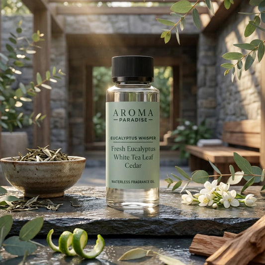 Aroma Paradise Eucalyptus Whisper waterless fragrance oil in an immersive eucalyptus spa garden setting