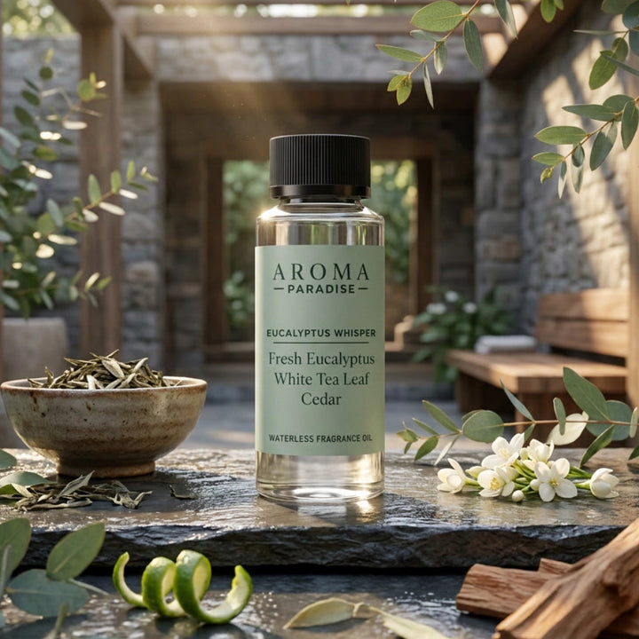 Aceite aromático sin agua Eucalyptus Whisper – Eucalipto fresco, hoja de té blanco y cedro – Para difusores de aire frío