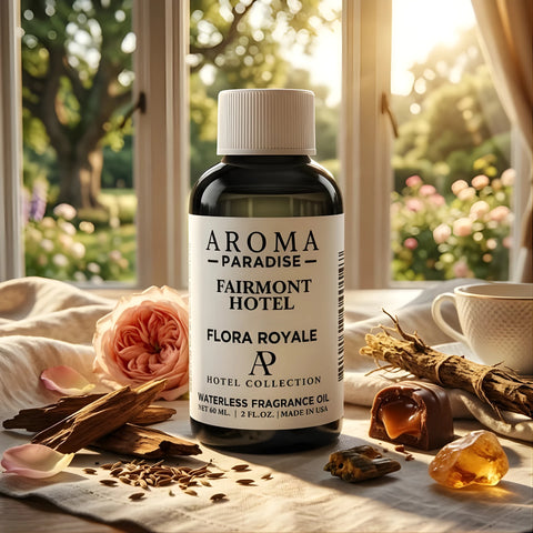 Fairmont Hotel Flora Royale fragrance oil bottle by sunlit window with pink rose and oud wood - Aroma Paradise