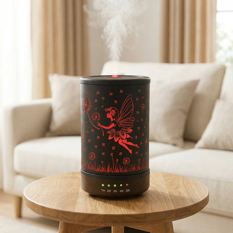 Fairy Metal Diffuser with red LED fairy and dandelion shadow pattern on black body misting - Aroma Paradise