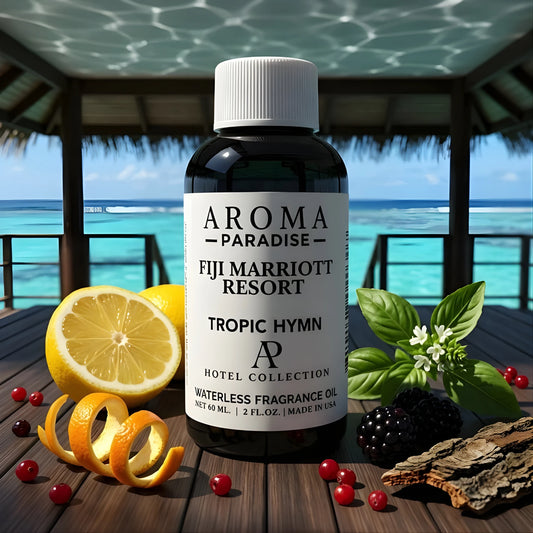 Fiji Marriott Resort Tropic Hymn fragrance oil bottle in tropical overwater bungalow with citrus - Aroma Paradise