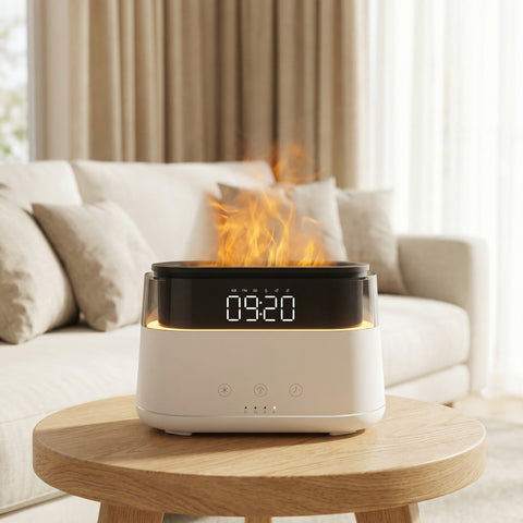 White Digital Alarm Clock Flame Diffuser showing 09:20 with orange flame effect on wood table - Aroma Paradise