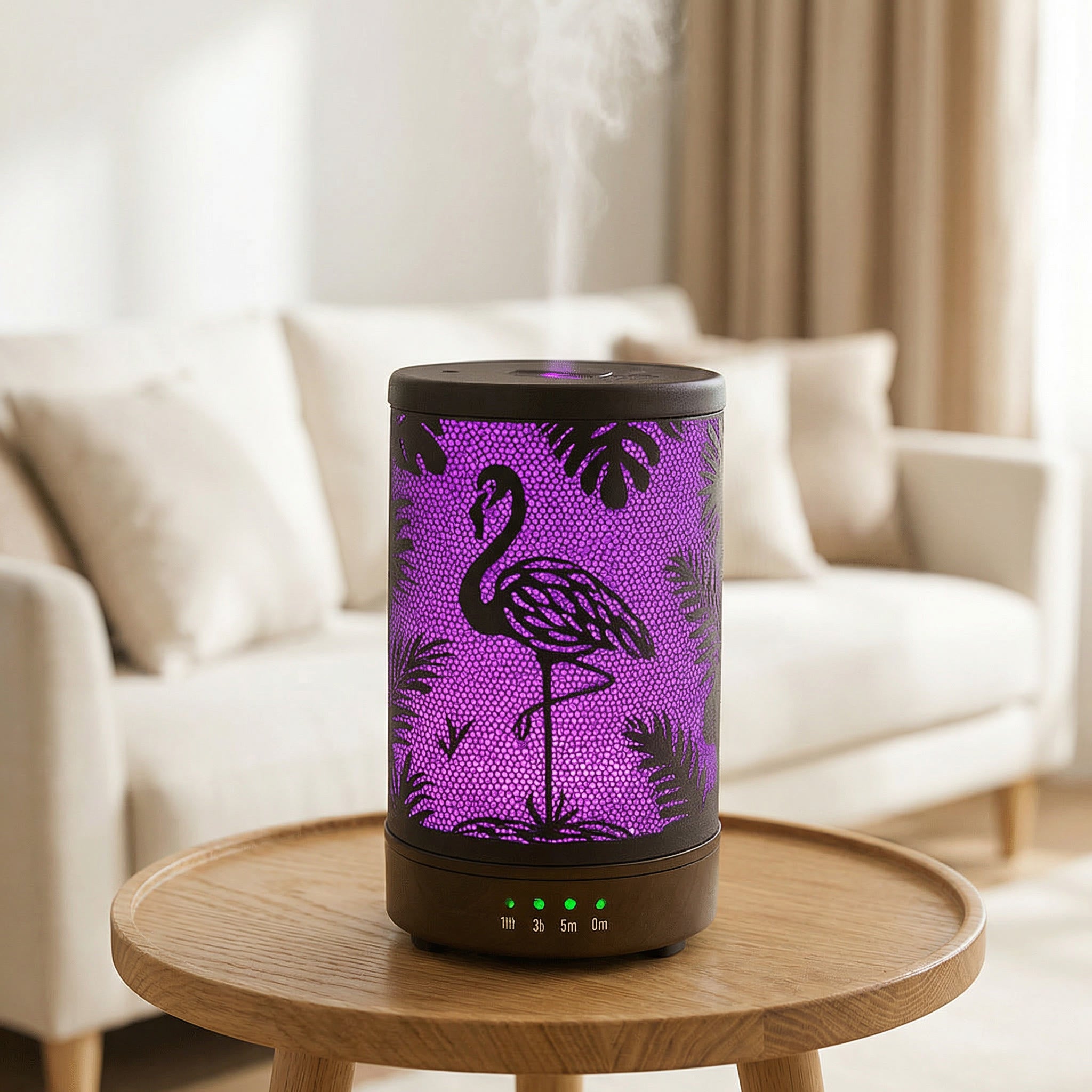Flamingo Metal Diffuser with purple LED flamingo and palm shadow pattern misting in living room - Aroma Paradise