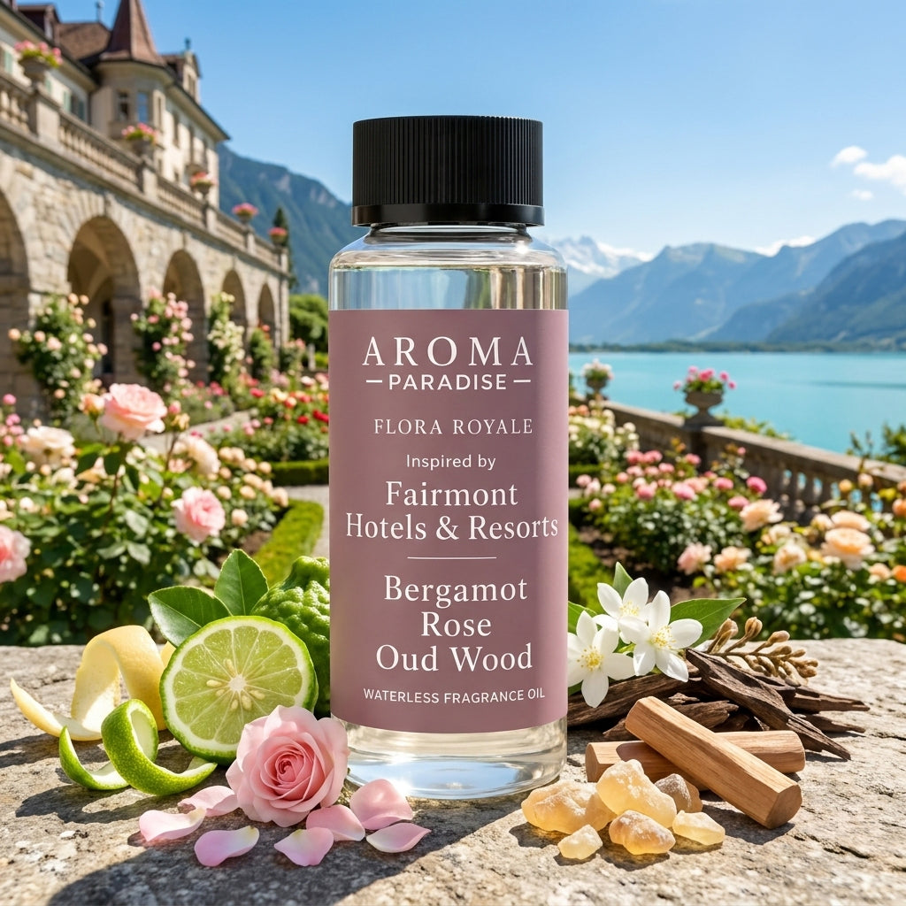 Aroma Paradise Flora Royale waterless fragrance oil in an immersive Fairmont Hotels & Resorts inspired destination setting