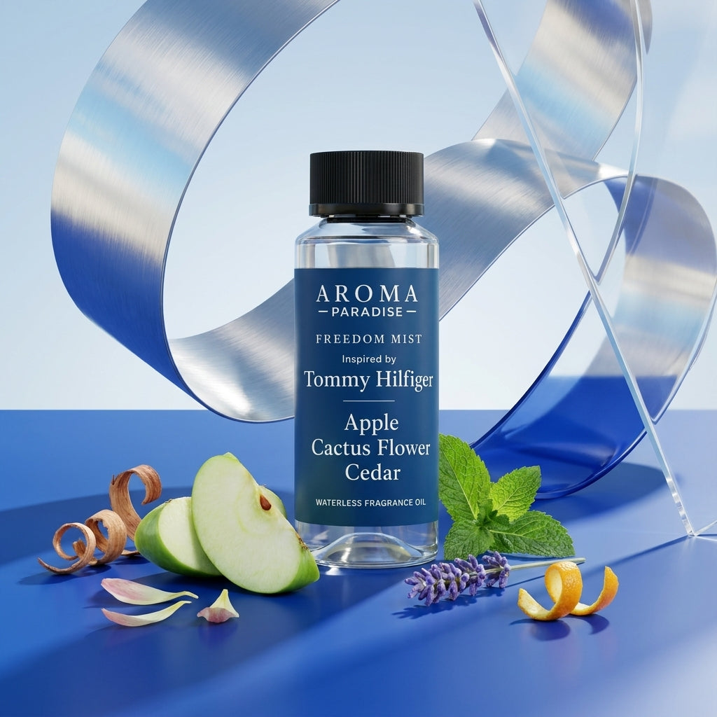 Aroma Paradise Freedom Mist perfume-inspired waterless fragrance oil in a luxury perfume editorial set