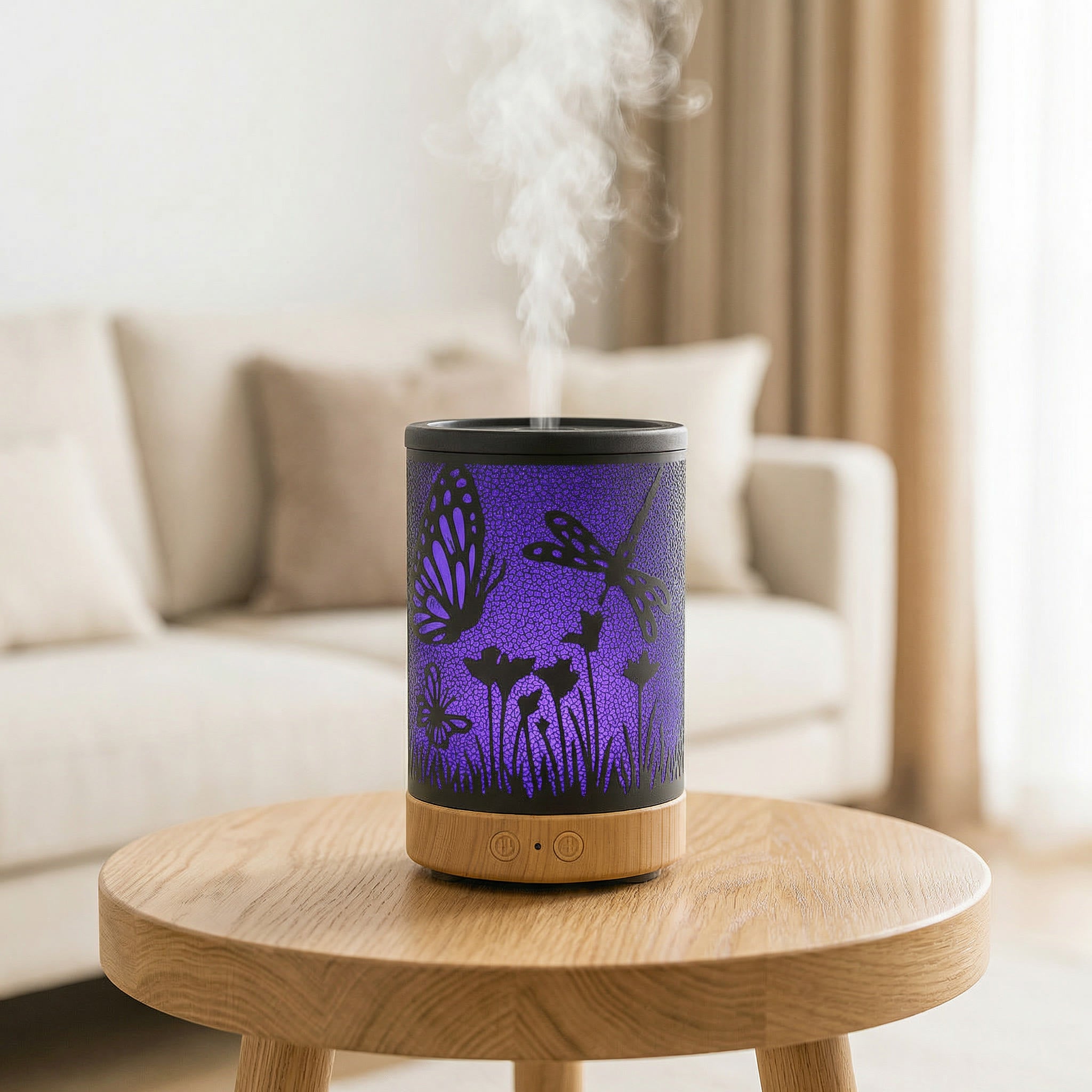 Dragonfly Metal Diffuser with purple LED butterfly and dragonfly garden pattern on wood base - Aroma Paradise
