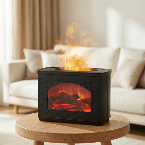 Black brick fireplace diffuser with arched window showing glowing embers and flame mist - Aroma Paradise