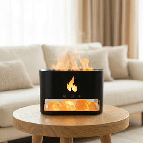 Black Himalayan salt lamp diffuser with glowing orange salt crystals and flame effect - Aroma Paradise