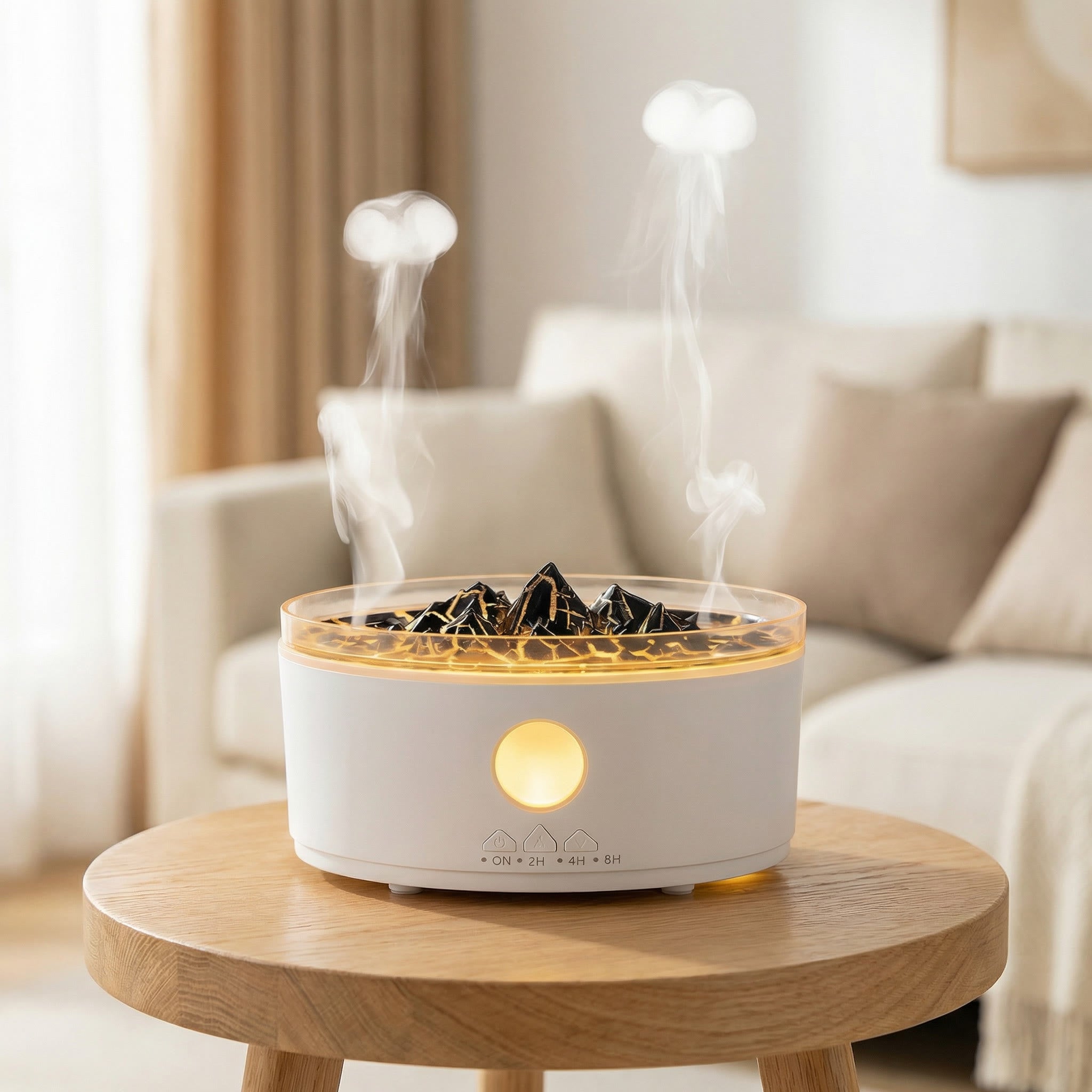 White double ring volcano diffuser with dual jellyfish mist columns and golden LED on side table - Aroma Paradise