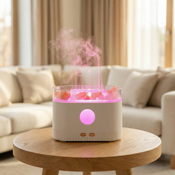 White Himalayan salt lamp flame diffuser with pink glowing salt crystals and LED in living room - Aroma Paradise