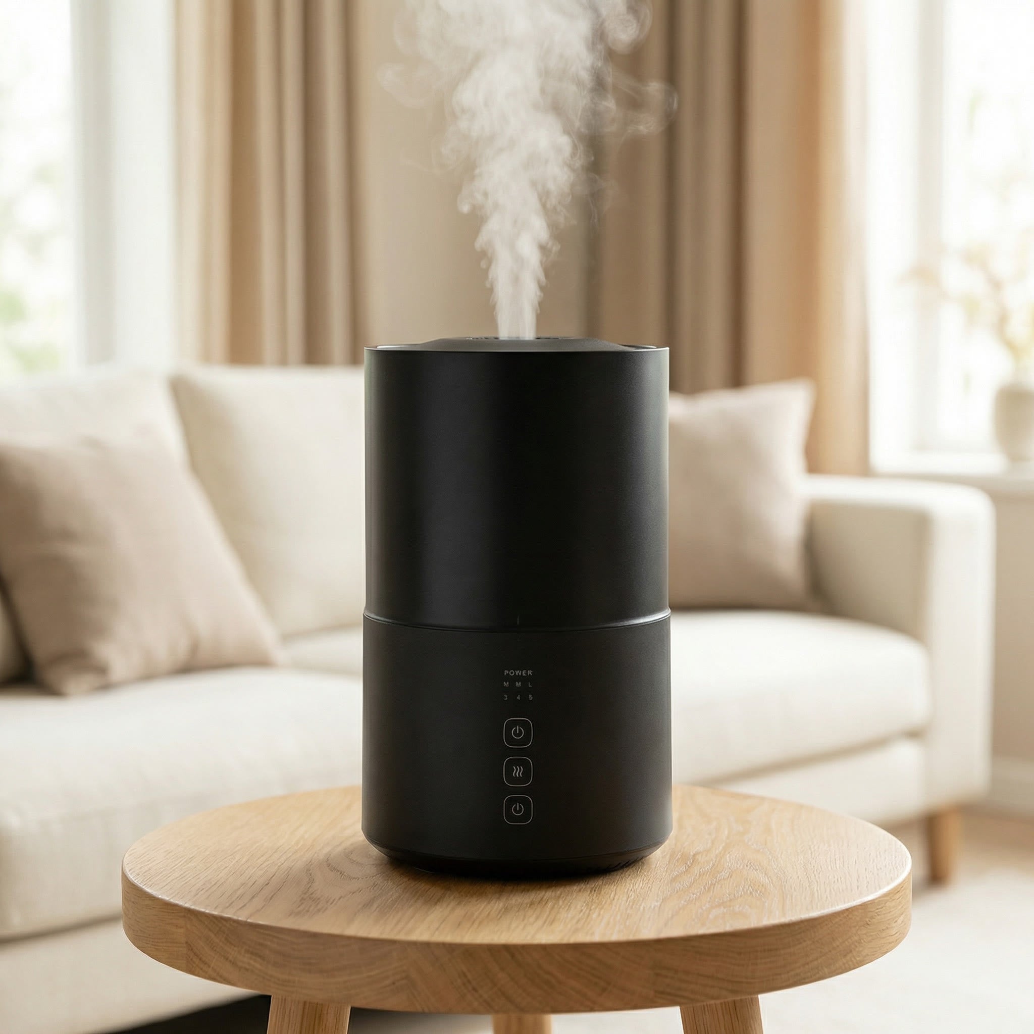 Black tall Cyla Jumbo 3L Large Room Diffuser with touch controls misting heavily in living room - Aroma Paradise