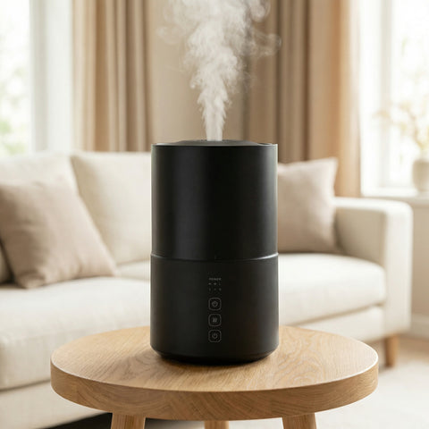 Black tall Cyla Jumbo 3L Large Room Diffuser with touch controls misting heavily in living room - Aroma Paradise