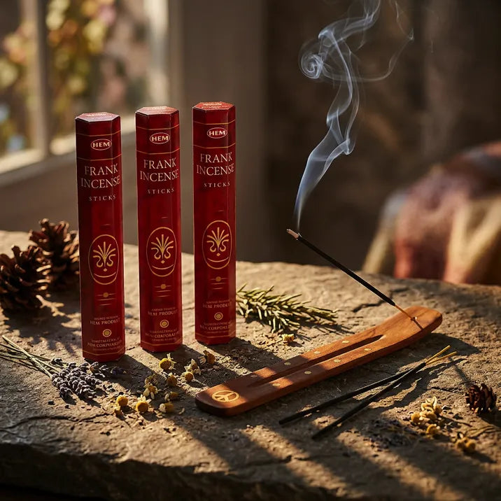 Three dark red Hem Frankincense boxes with smoking stick in wooden holder on stone surface - Aroma Paradise