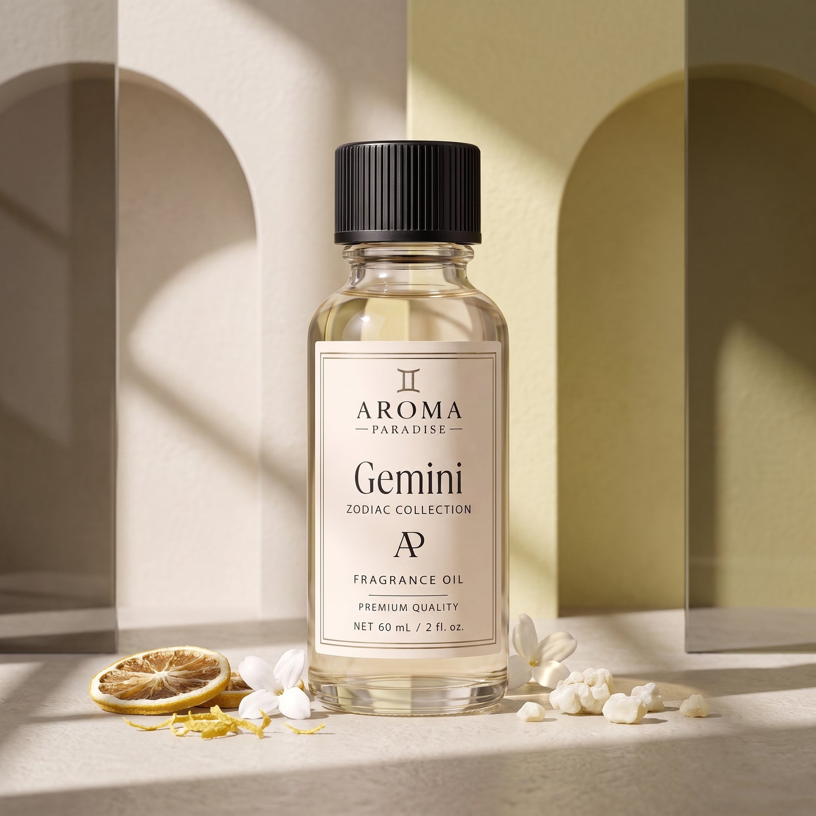 Gemini Zodiac fragrance oil in an editorial scent setting - Aroma Paradise