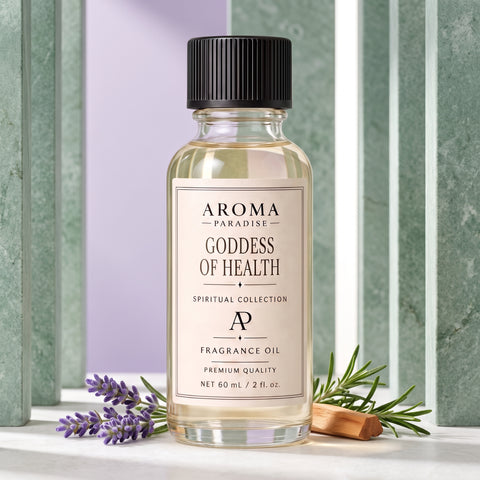 Goddess Of Health spiritual fragrance oil in an editorial scent setting - Aroma Paradise