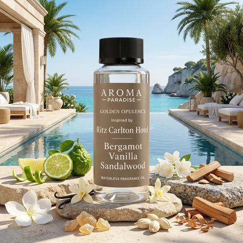 Aroma Paradise Golden Opulence waterless fragrance oil in an immersive Ritz Carlton inspired destination setting