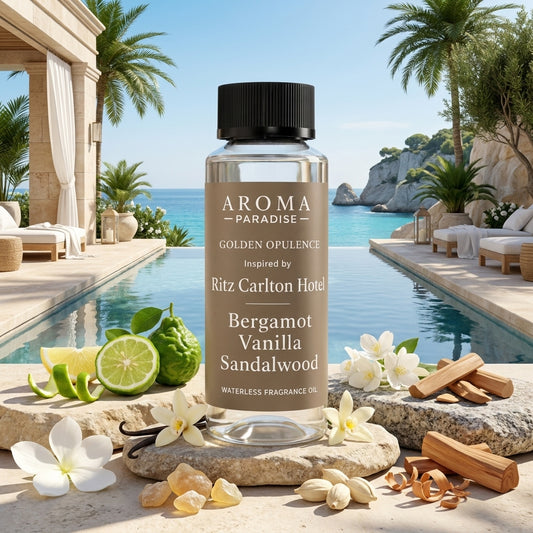 Aroma Paradise Golden Opulence waterless fragrance oil in an immersive Ritz Carlton inspired destination setting