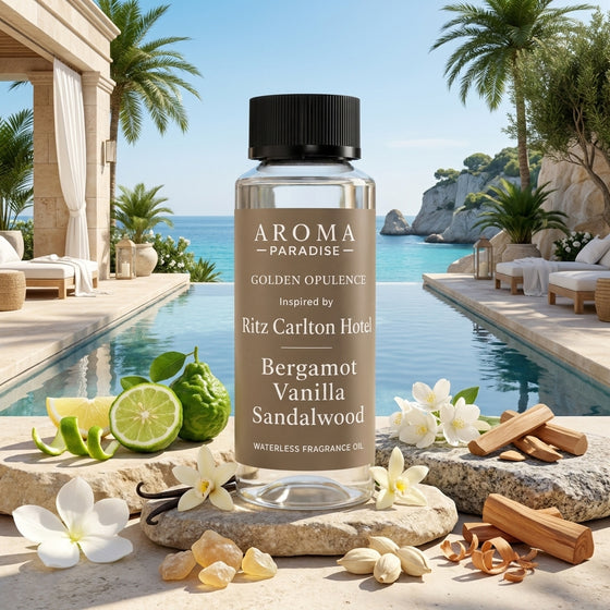 Aroma Paradise Golden Opulence waterless fragrance oil in an immersive Ritz Carlton inspired destination setting