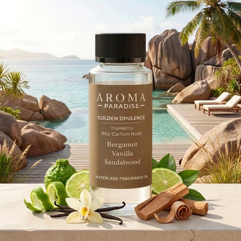 Aroma Paradise Golden Opulence waterless fragrance oil in a Seychelles granite lagoon retreat setting