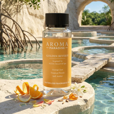 Aroma Paradise Golden Reverie waterless fragrance oil immersive product image