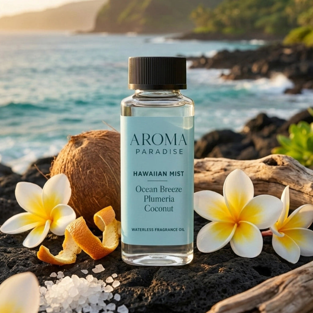 Aroma Paradise Hawaiian Mist waterless fragrance oil in an immersive lava rock coastal garden setting