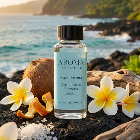 Aroma Paradise Hawaiian Mist waterless fragrance oil in an immersive lava rock coastal garden setting