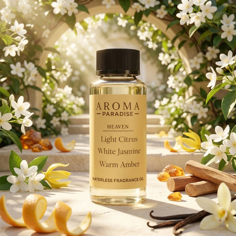 Aroma Paradise Heaven waterless fragrance oil in an immersive jasmine garden sanctuary setting