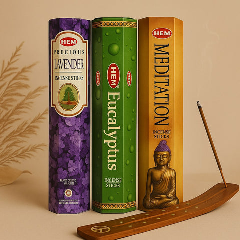 Hem Incense Gift Pack #1 - 180 Pc – Lavender, Meditation & Eucalyptus with Wooden Holders - Aroma Paradise