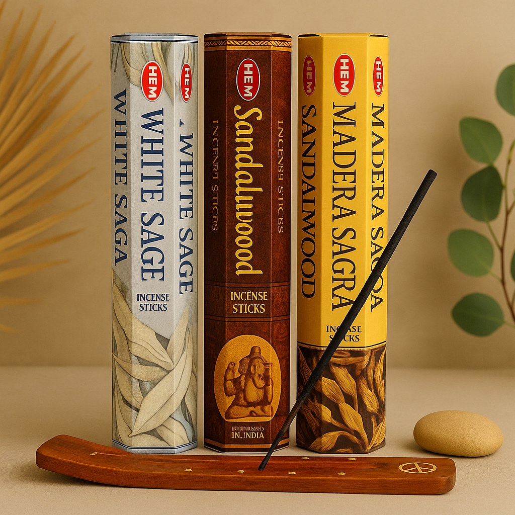 Hem Incense Gift Pack #2 - 180 Pc – Palo Santo, Sandalwood & White Sage with Wooden Holders - Aroma Paradise