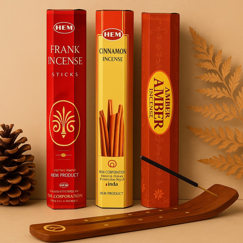 Hem Incense Gift Pack #5 - 180 Pc – Amber, Cinnamon & Frankincense with Wooden Holders - Aroma Paradise